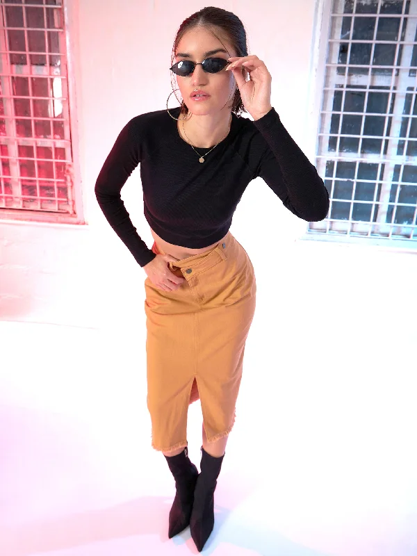 Women Black Rib Full Sleeve ACTIVE Crop Top