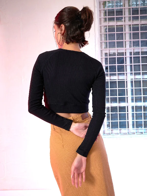 Women Black Rib Full Sleeve ACTIVE Crop Top