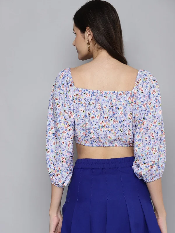 Women Blue Ditsy Floral Off Shoulder Crop Top