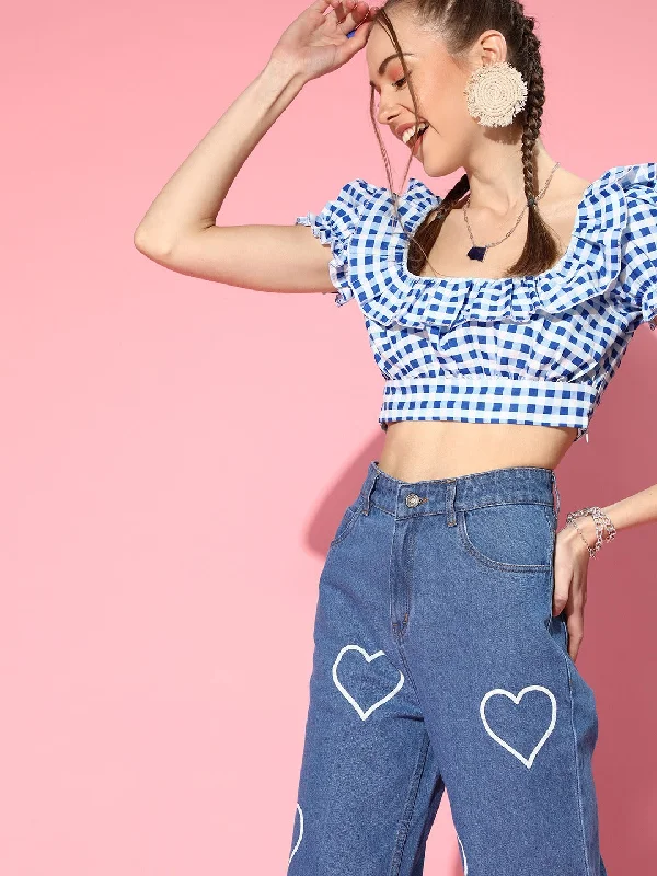 Women Blue Gingham Check Layered Crop Top