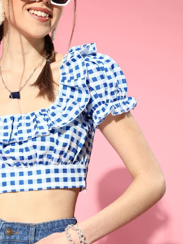 Women Blue Gingham Check Layered Crop Top