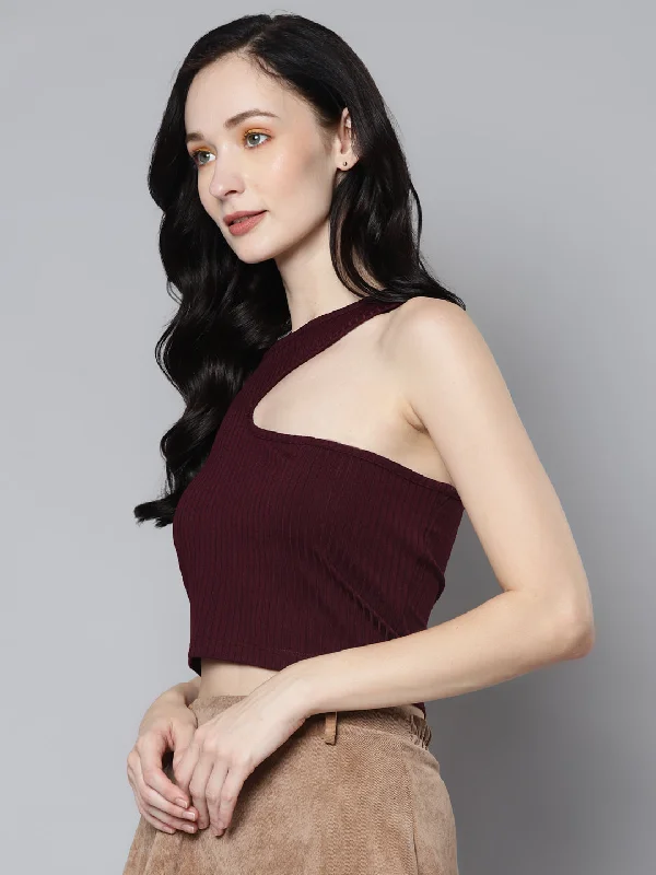 Women Burgundy Rib Asymmetric Armhole Crop Top