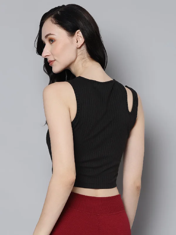 Women Charcoal Rib Shoulder Cut Out Crop Top