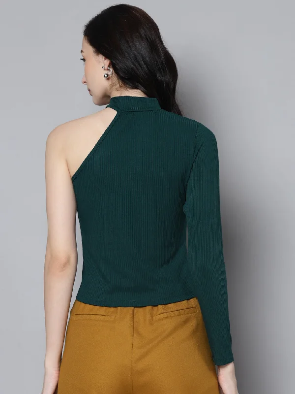 Women Emerald Green Rib One Shoulder Collar Crop Top