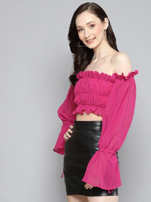 Women Fuchsia Off Shoulder Ruched Crop Top