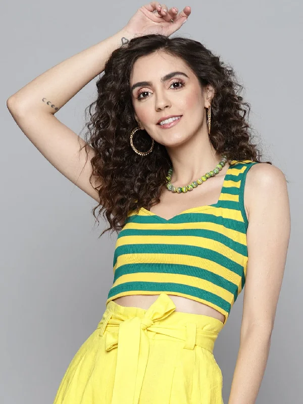 Women Green & Yellow Rib Sweetheart Neck Crop Top