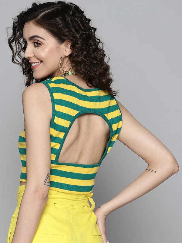 Women Green & Yellow Rib Sweetheart Neck Crop Top