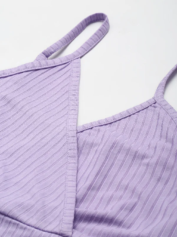 Women Lavender Rib Wrap Neck Crop Top