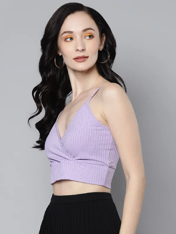 Women Lavender Rib Wrap Neck Crop Top