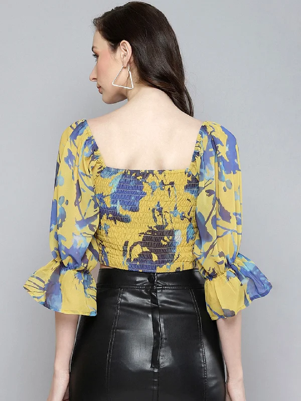 Women Mustard & Blue Floral Square Neck Crop Top