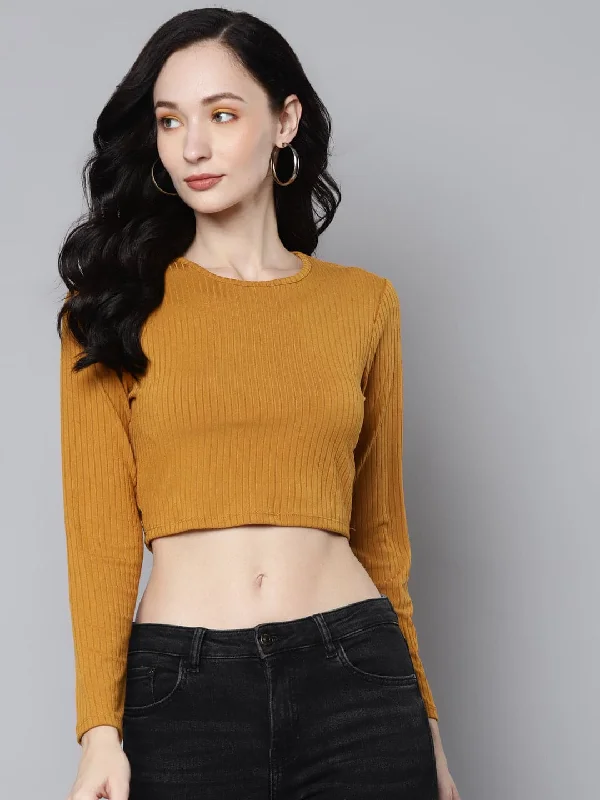 Women Mustrad Rib Back Cut Out Crop Top