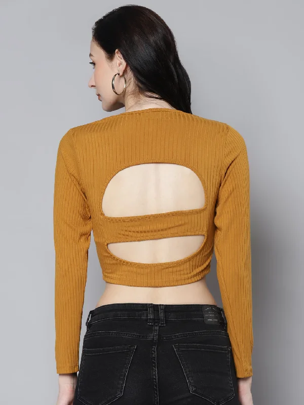 Women Mustrad Rib Back Cut Out Crop Top