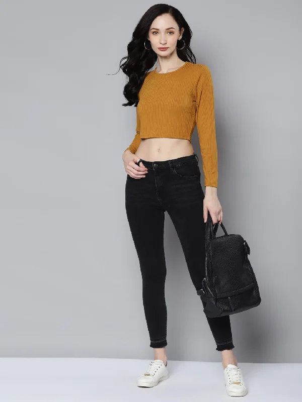 Women Mustrad Rib Back Cut Out Crop Top