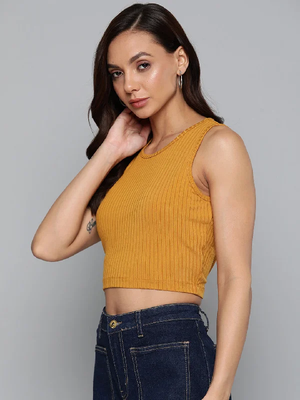 Women Mustrad Rib Shoulder Cut Out Crop Top