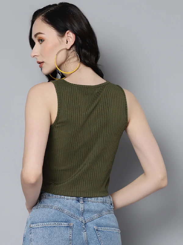 Women Olive Rib Asymmetric Armhole Crop Top