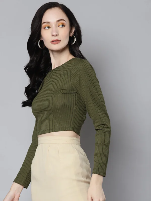 Women Olive Rib Back Cut Out Crop Top