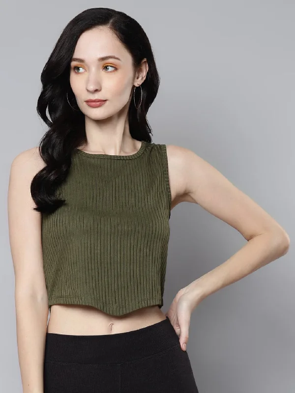 Women Olive Rib V-Hem Crop Top