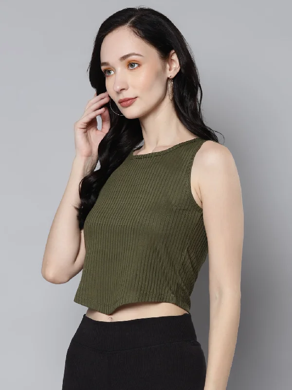 Women Olive Rib V-Hem Crop Top