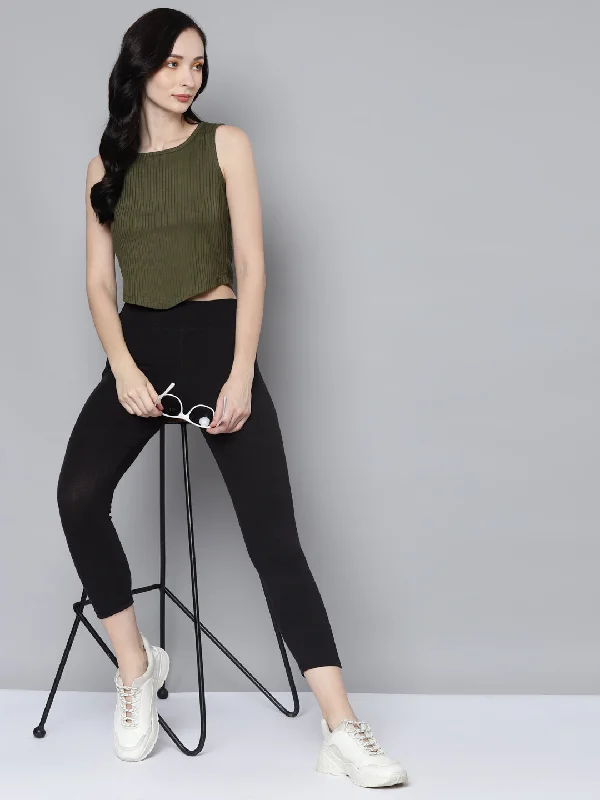 Women Olive Rib V-Hem Crop Top