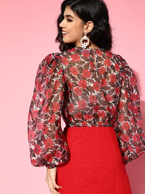 Red Floral Organza Flounce Sleeve Crop Top