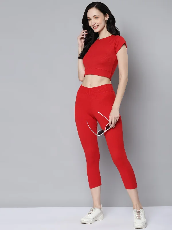 Women Red Rib Cap Sleeves ACTIVE Crop Top