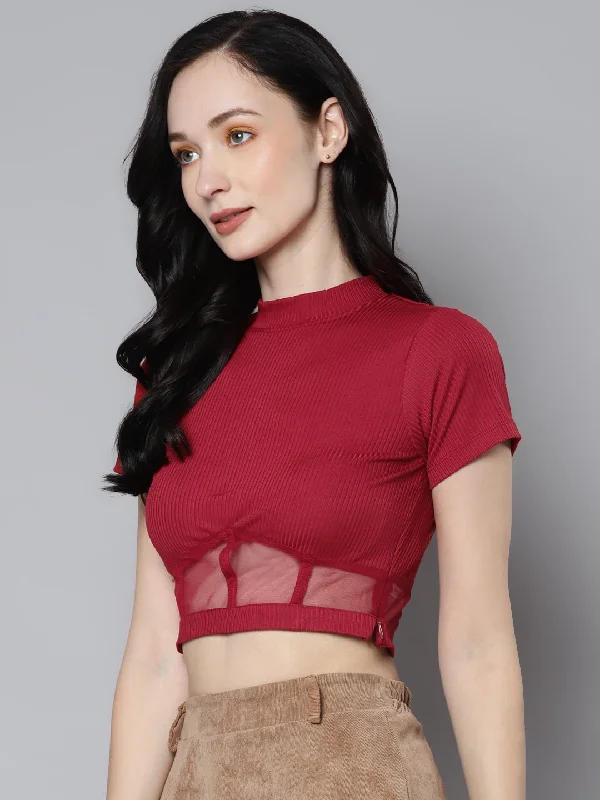 Women Red Rib High Neck Crop Top