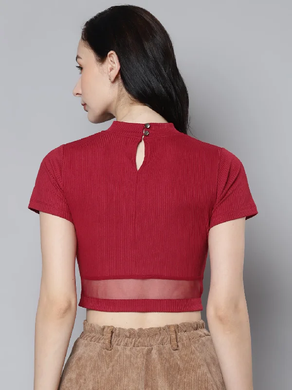 Women Red Rib High Neck Crop Top