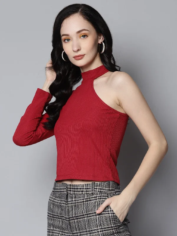 Women Red Rib One Shoulder Collar Crop Top