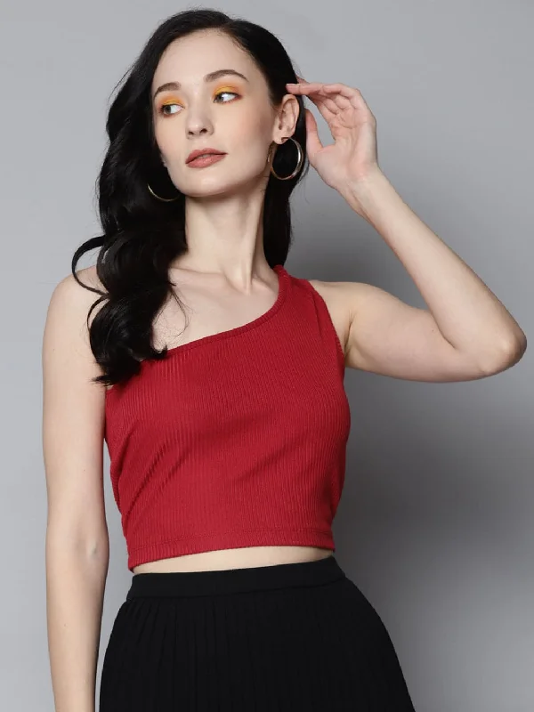 Women Red Rib One Shoulder Crop Top