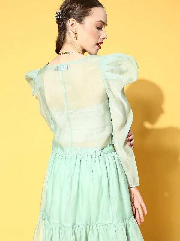 Sea Green Organza Power Shoulder Sheer Crop Top