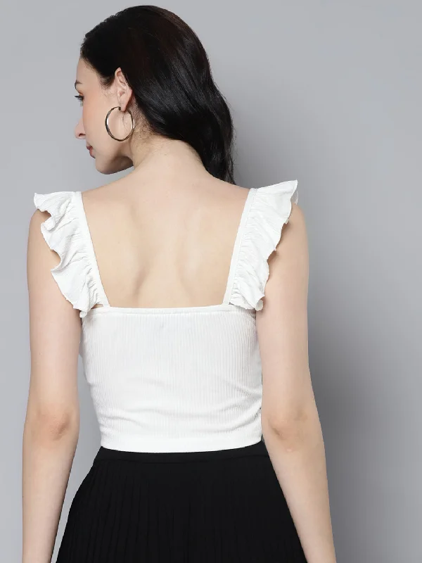 Women White Rib SweetHeart Neck Crop Top