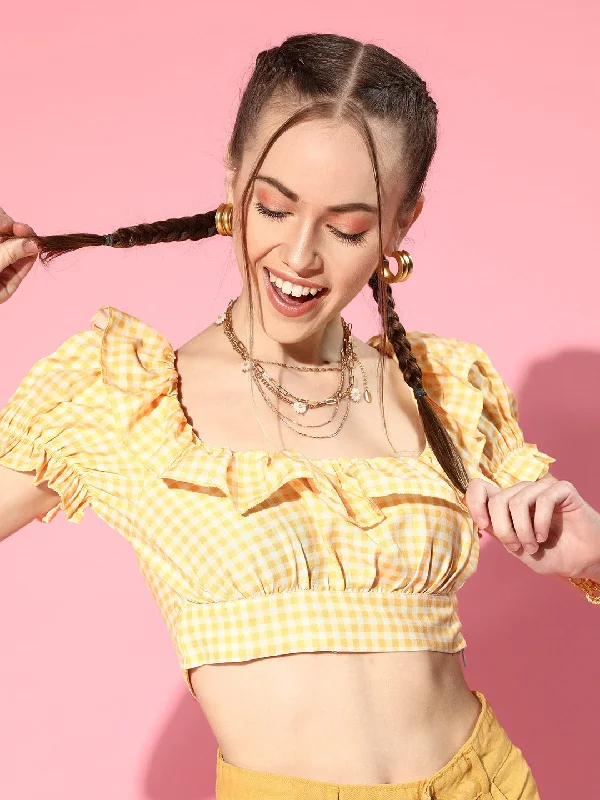 Women Yellow Gingham Check Layered Crop Top